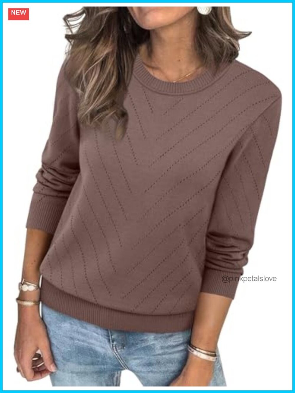 Womens Crew Neck Long Sleeve Eyelet Knit Pullover Sweater